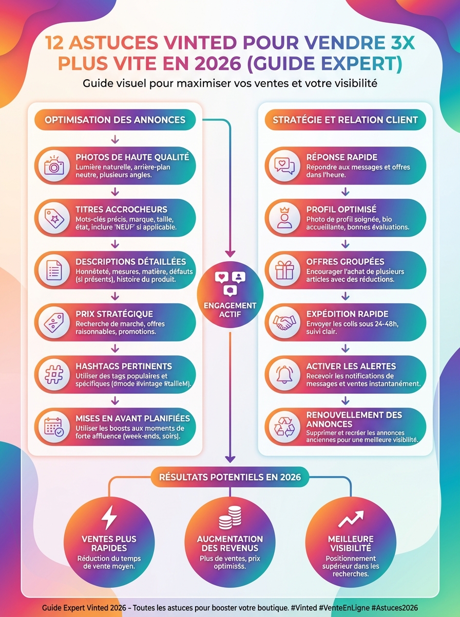 12 Astuces Vinted Pour Vendre 3X Plus Vite en 2026 (Guide Expert) - infographie