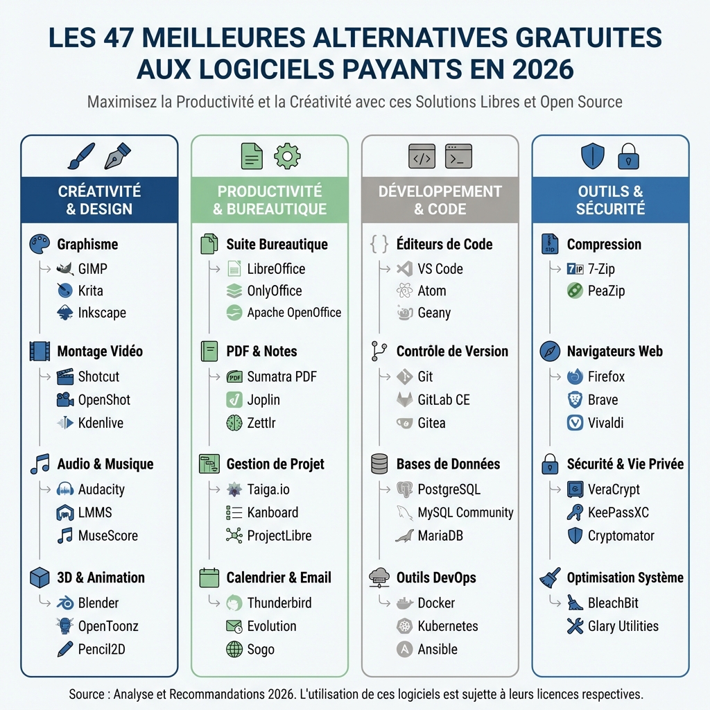 Les 47 Meilleures Alternatives Gratuites aux Logiciels Payants en 2026 - infographie