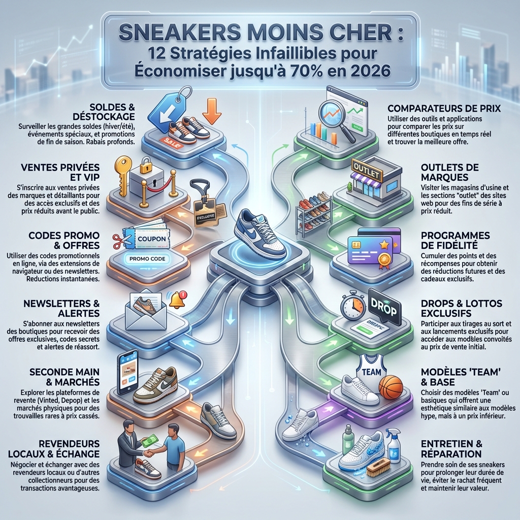Sneakers Moins Cher : 12 Stratégies Infaillibles pour Économiser jusqu'à 70% en 2026 - infographie