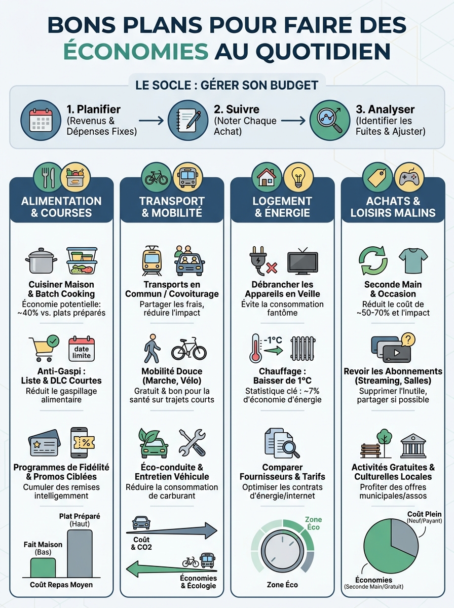 Infographie bons plans pour faire des économies au quotidien